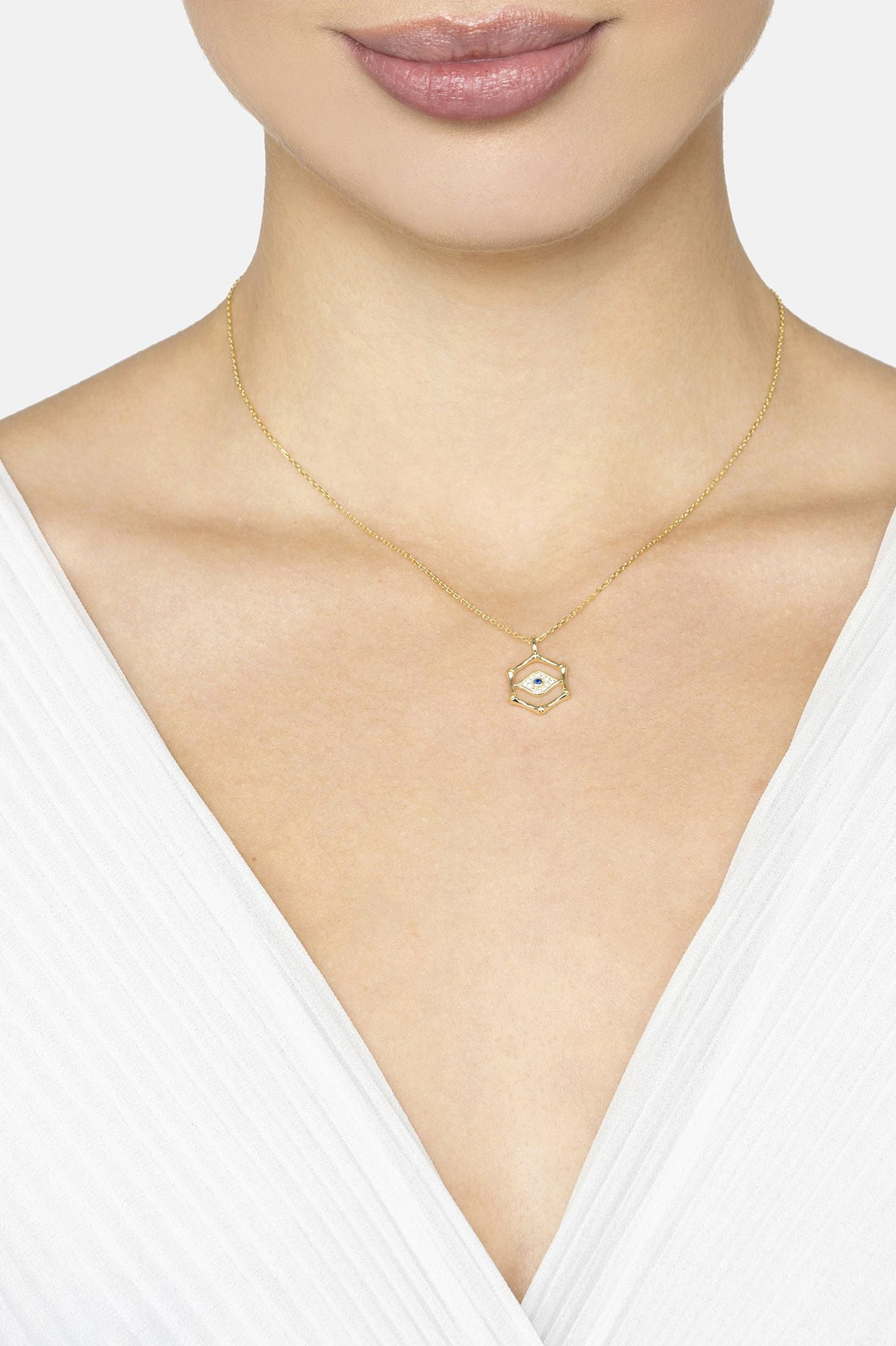 Bamboo Hexagon Evil Eye Necklace Gold-1