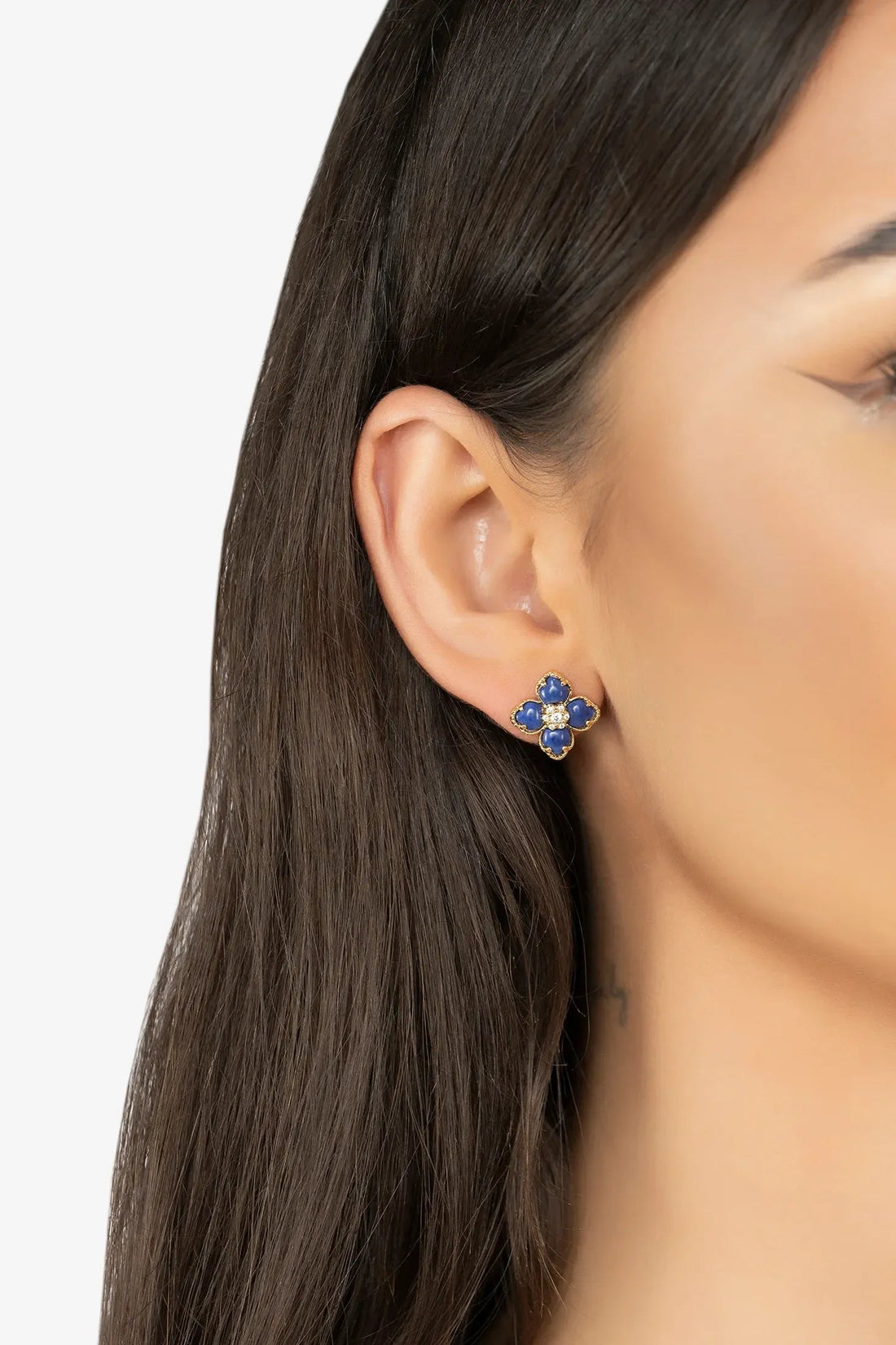 Flower Clover Lapis Lazuli Stud Earrings Gold-1