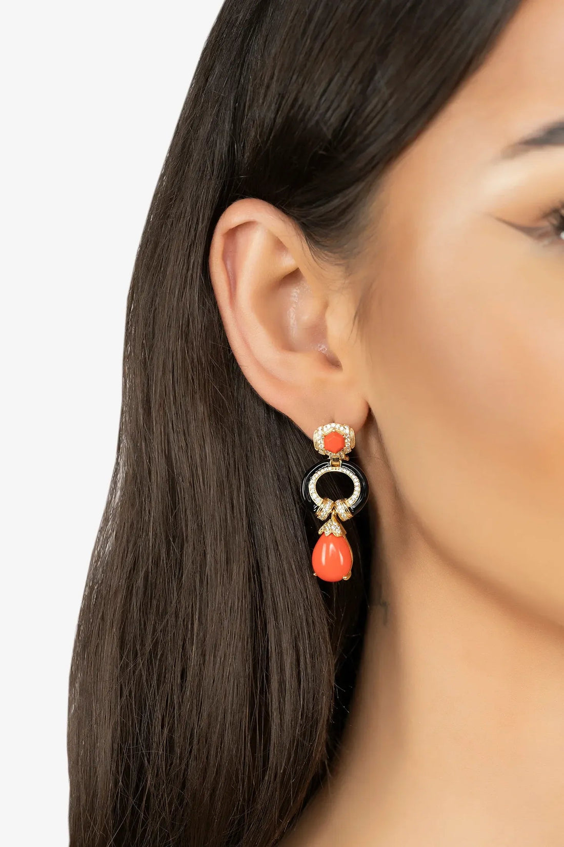 Clara Bow Coral & Enamel Drop Earrings Gold-1