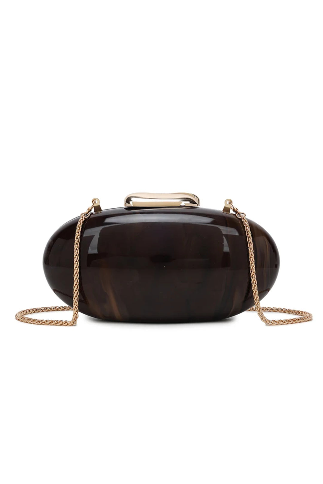 Oval dark brown marble-effect clutch bag with top handle clasp and chain shoulder strap