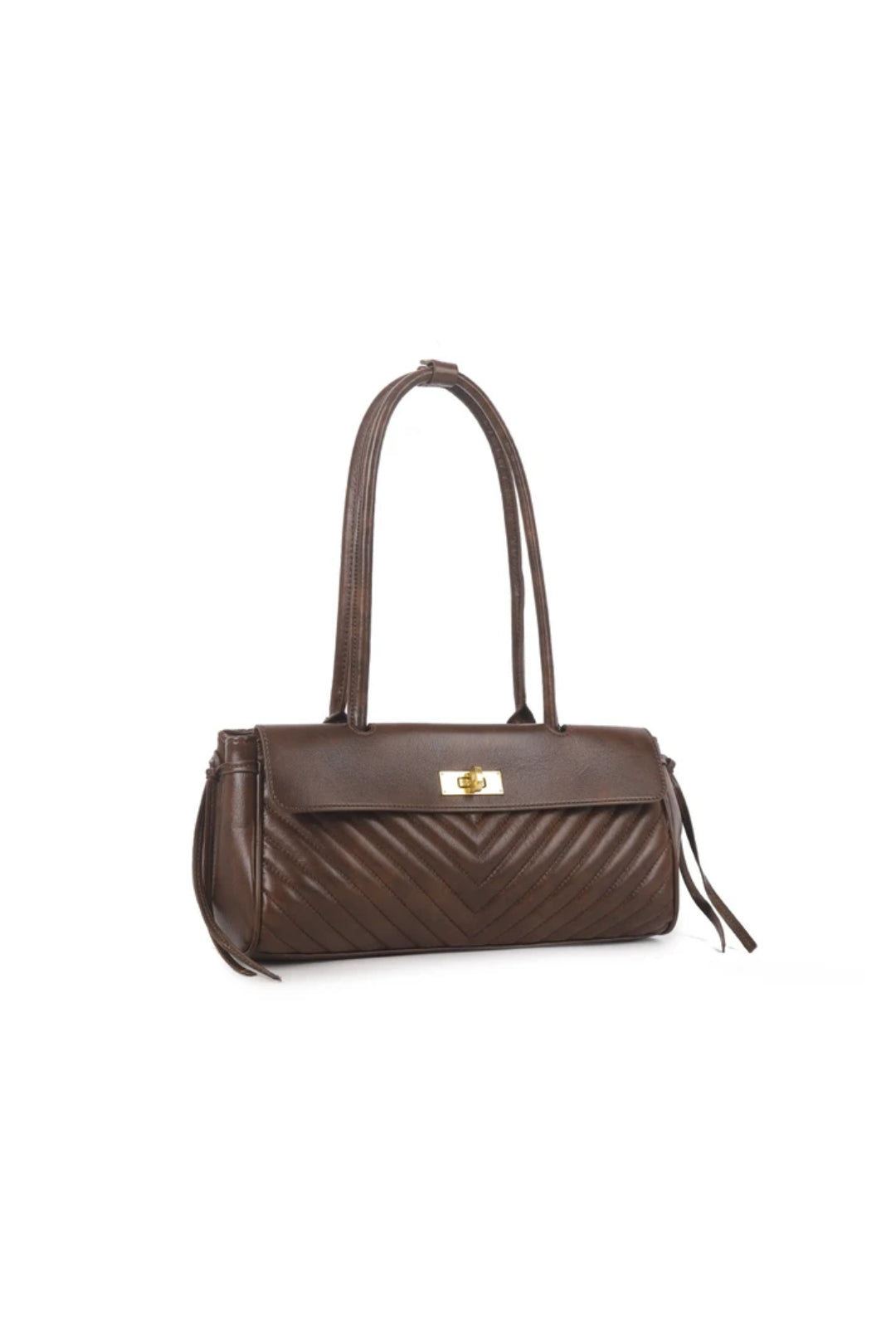 Quilted dark brown faux leather shoulder bag with adjustable side tassel ties