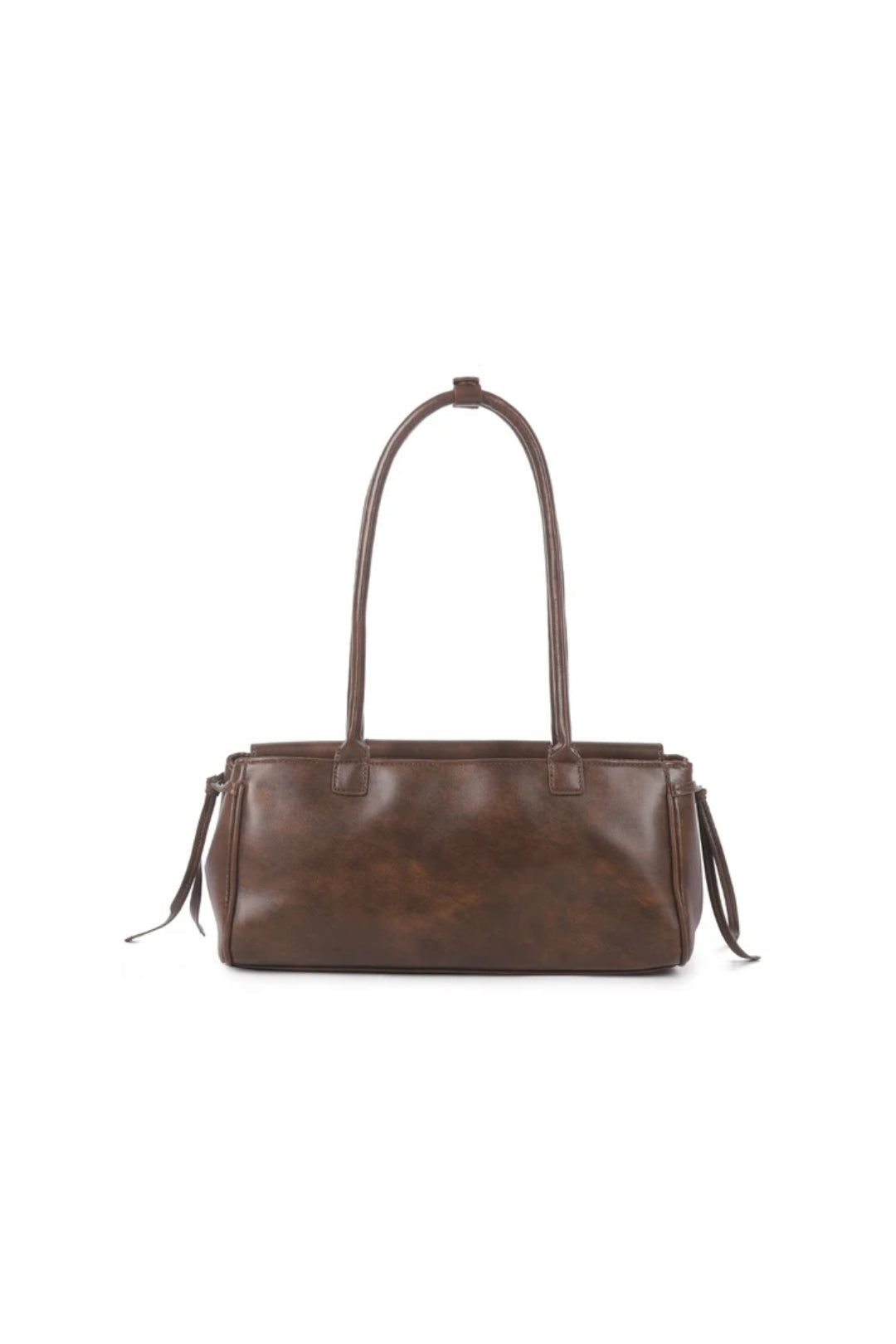 Dark brown faux leather tote-style shoulder bag with top handles and fringe ties