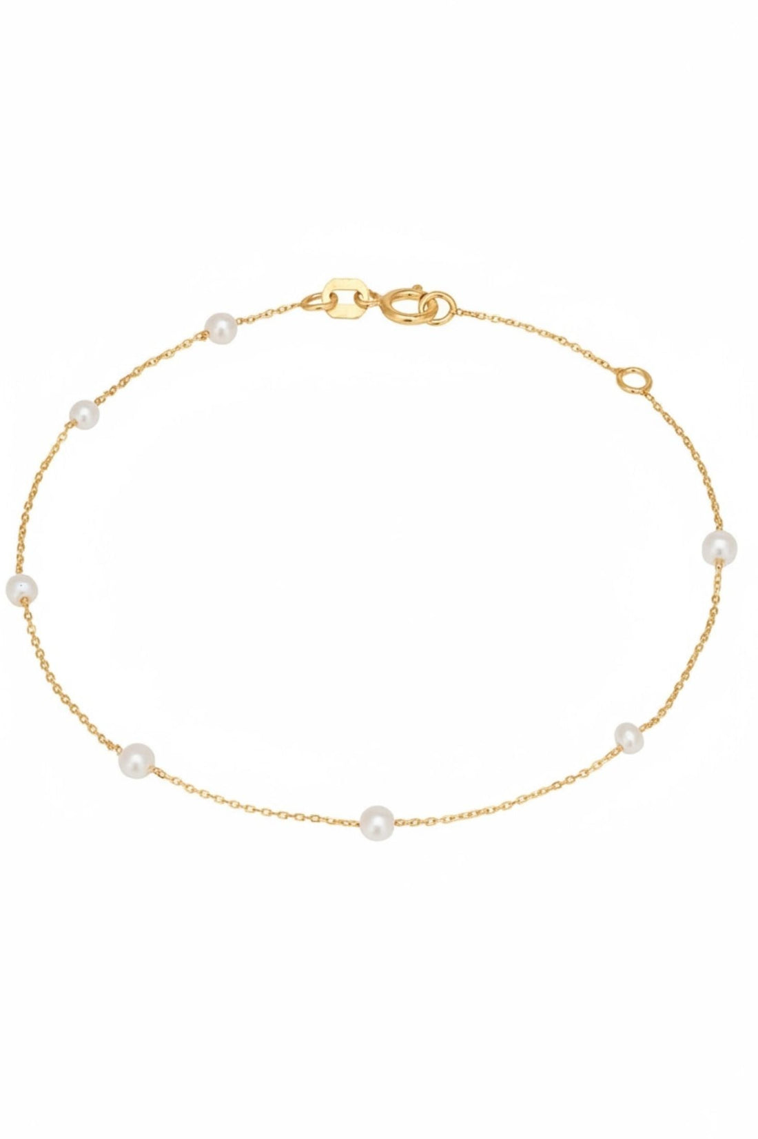 14k gold pearl spaced bracelet with round white pearls and lobster clasp