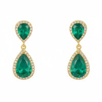 Gold teardrop earrings with two emerald-green stones and halo of crystal details
