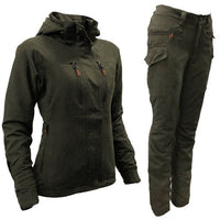 Women's dark olive waterproof jacket and cargo trousers with zip pockets