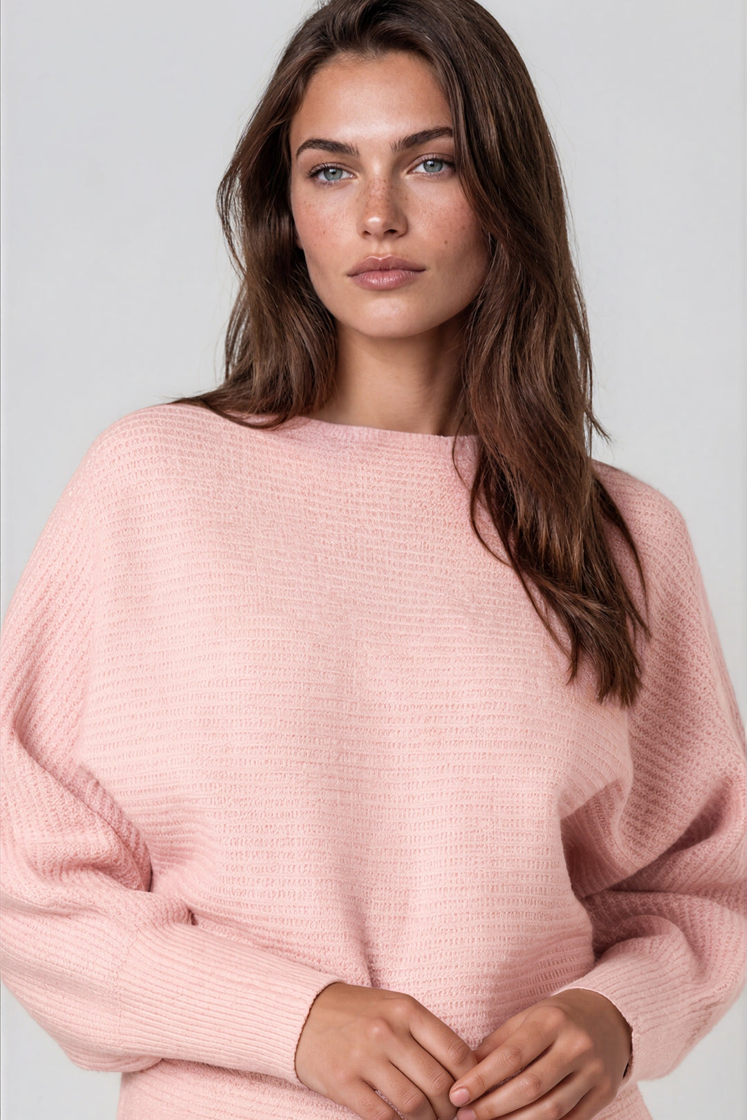 Pink ribbed boat-neck batwing knit jumper, wide sleeves and cropped length