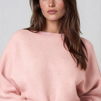 Pink ribbed boat-neck batwing knit jumper, wide sleeves and cropped length