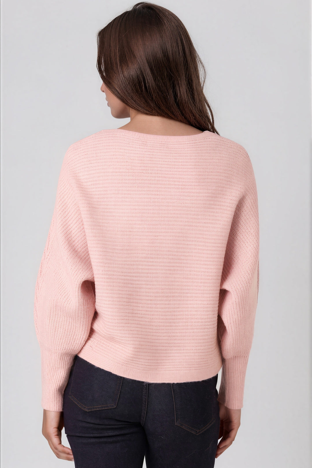Pink batwing knit jumper with boat neck, ribbed hem and back view