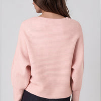 Pink batwing knit jumper with boat neck, ribbed hem and back view
