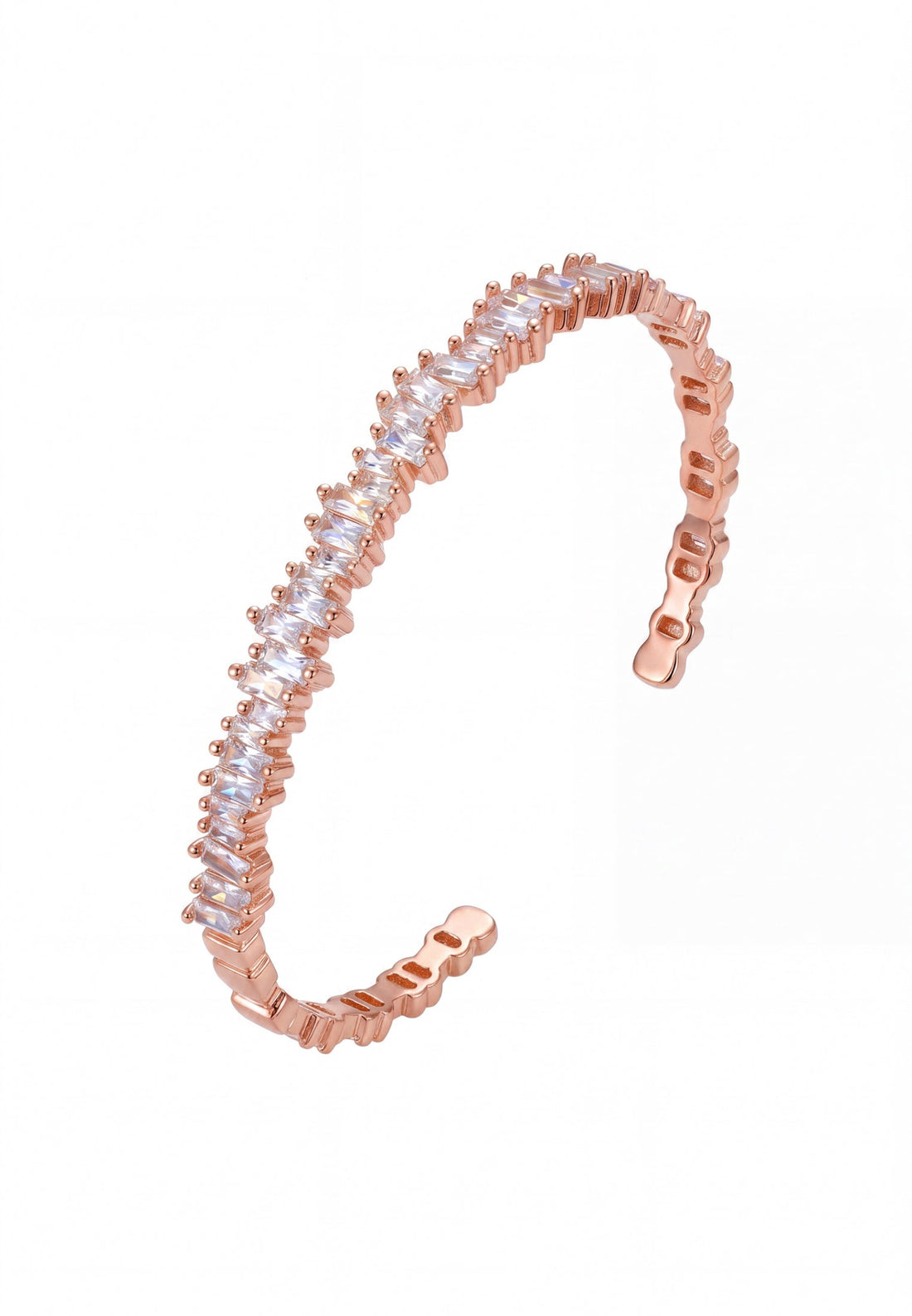 Rose gold ice cuff bangle with baguette-cut clear stones, open hinged design