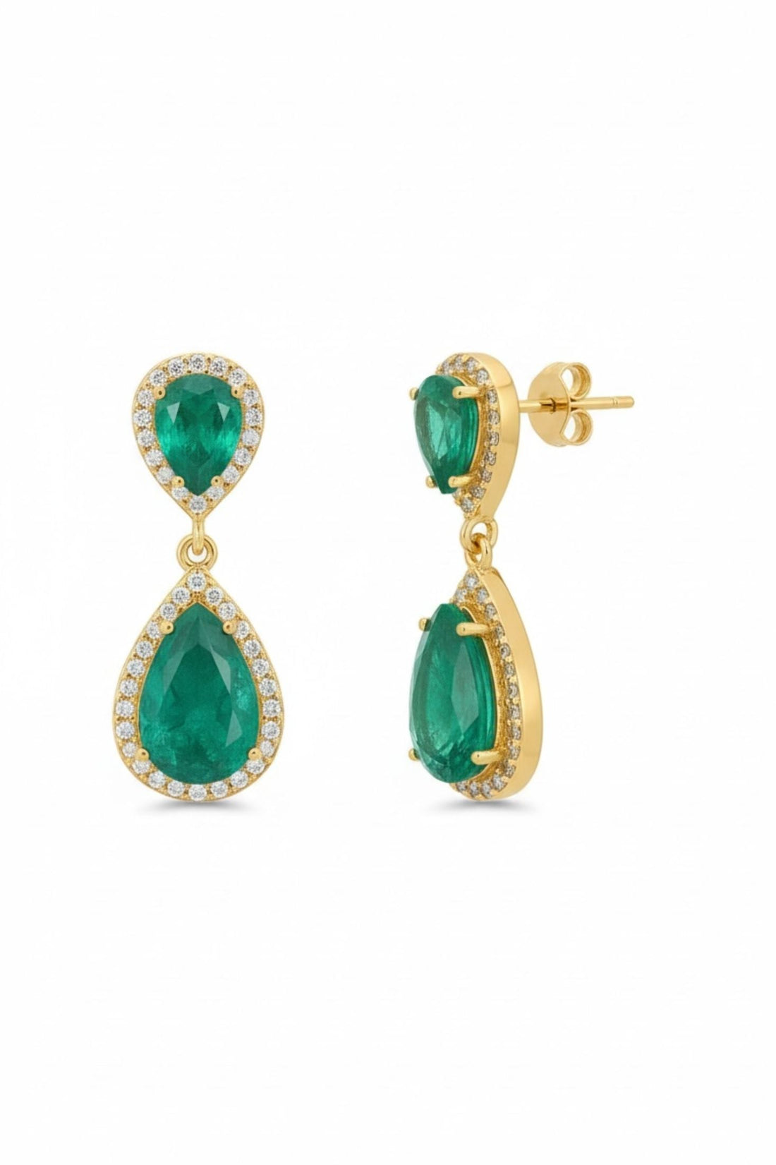 Gold stud earrings with stacked emerald-green teardrop stones and crystal borders