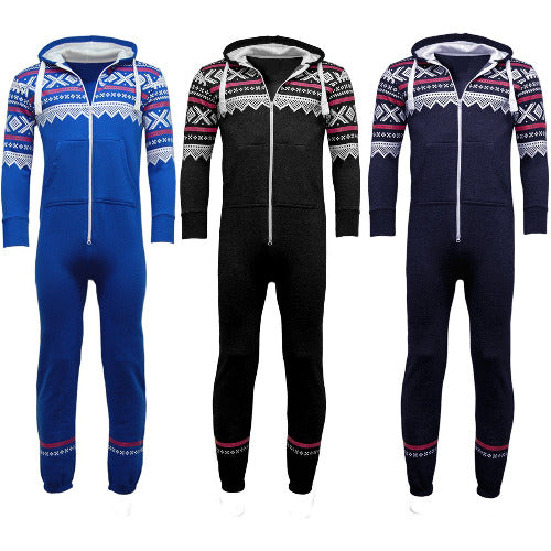 Aztec print hooded onesie shown in royal blue, black, and navy, with full-length zipper.