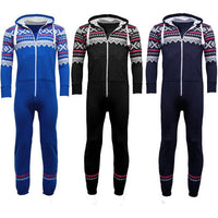 Aztec print hooded onesie shown in royal blue, black, and navy, with full-length zipper.