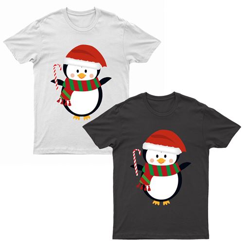 Adult short-sleeve T-shirt shown in white and black, each with a Santa penguin graphic