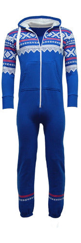 Royal blue Aztec print onesie with a lined hood, front zipper, and elastic cuffs.