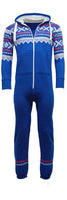 Royal blue Aztec print onesie with a lined hood, front zipper, and elastic cuffs.