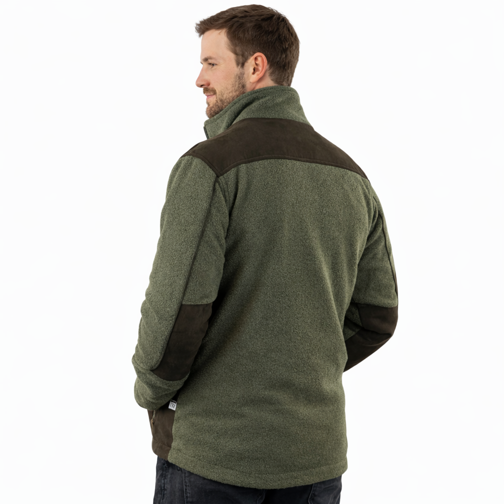 Game Berwick fleece jacket in olive and brown, rear three-quarter view with contrast panels
