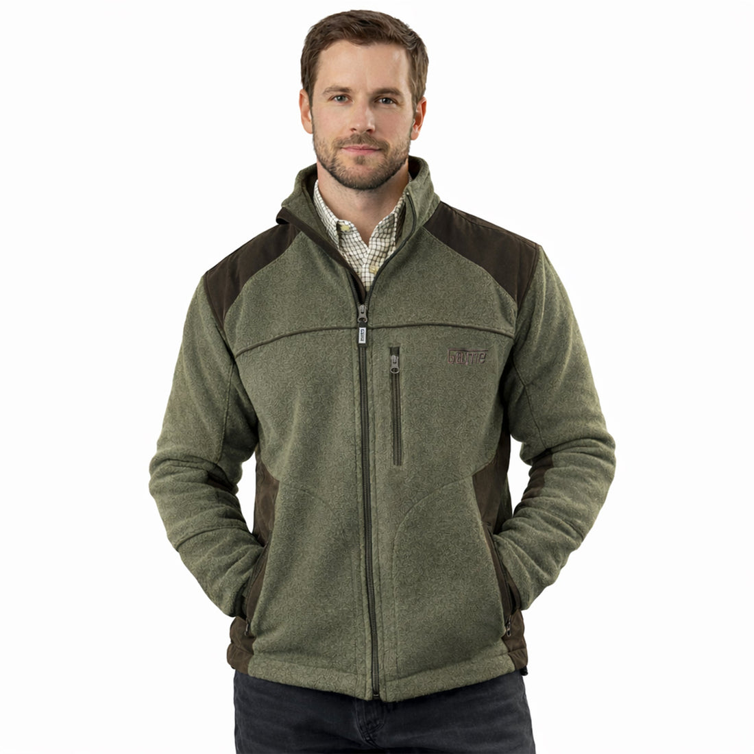 Game Berwick fleece jacket in olive and brown, front view with full zip and chest pocket