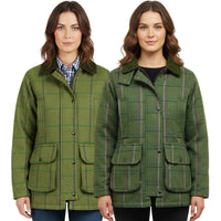 Women's green plaid tweed jackets shown on two models, with button fronts and flap pockets