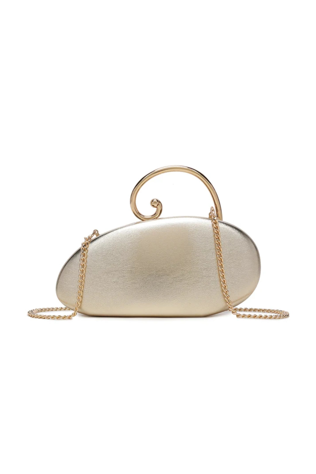 Gold-tone asymmetric clutch bag with spiral detail handle and chain strap
