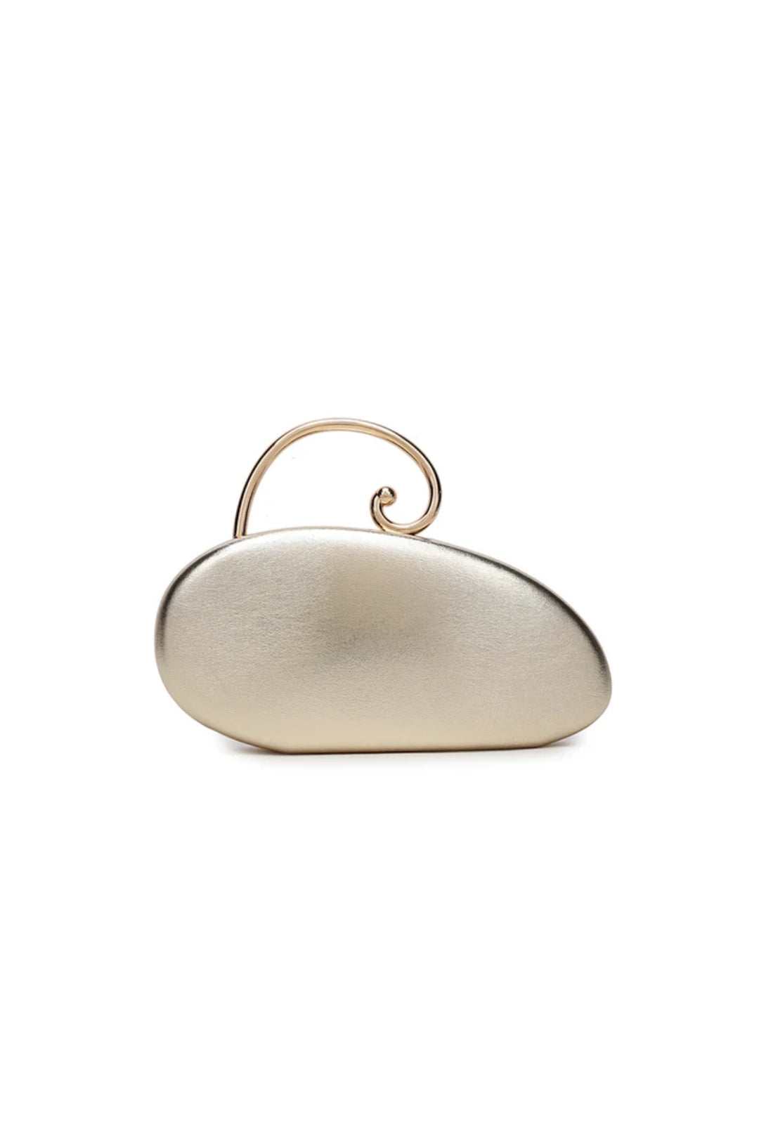 Gold-tone asymmetric clutch bag with curved top handle and spiral accent