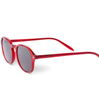 Red round sunglasses with dark tinted lenses and green-tipped temple arms