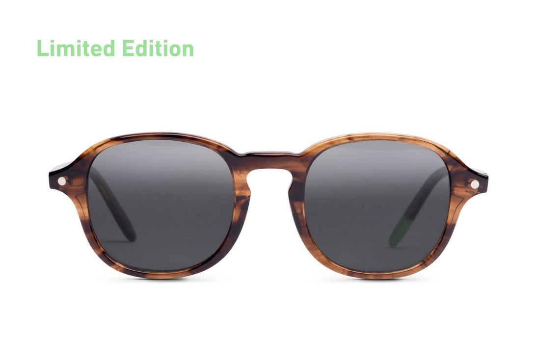 Smoky brown round sunglasses with dark smoke lenses and tortoise-style frame