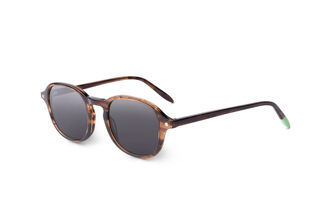 Smoky brown sunglasses side view with dark smoke lenses and green-tipped temples