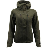 Front view of a women's dark olive jacket with hood and zip pockets