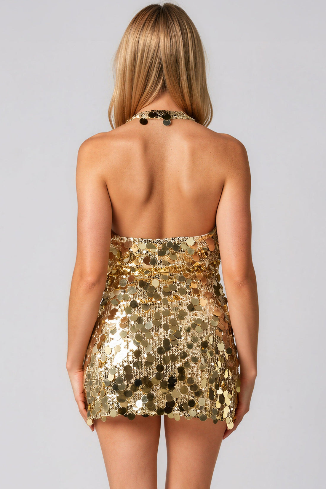 Gold Sequin Halter Neck Mini Dress-2