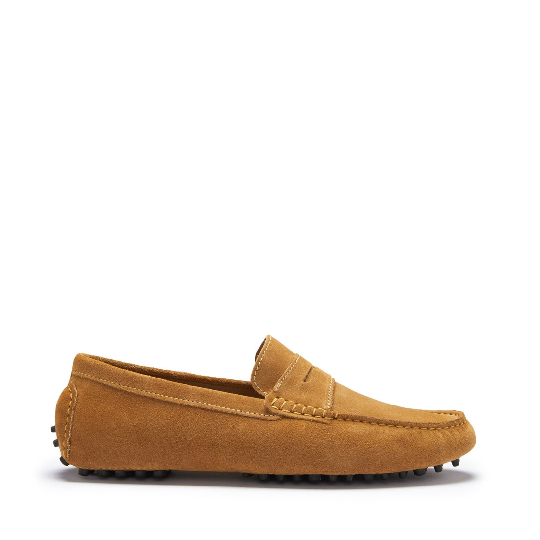 Tan suede penny driving loafer with stitched apron toe and rubber pod sole.