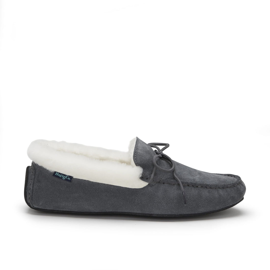 Slate grey suede sheepskin slipper with cream lining and lace detail, side view