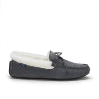 Slate grey suede sheepskin slipper with cream lining and lace detail, side view