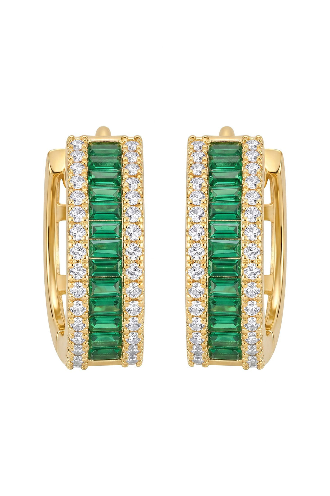 Baguette Huggie Hoop Earrings Emerald Green Gold-2