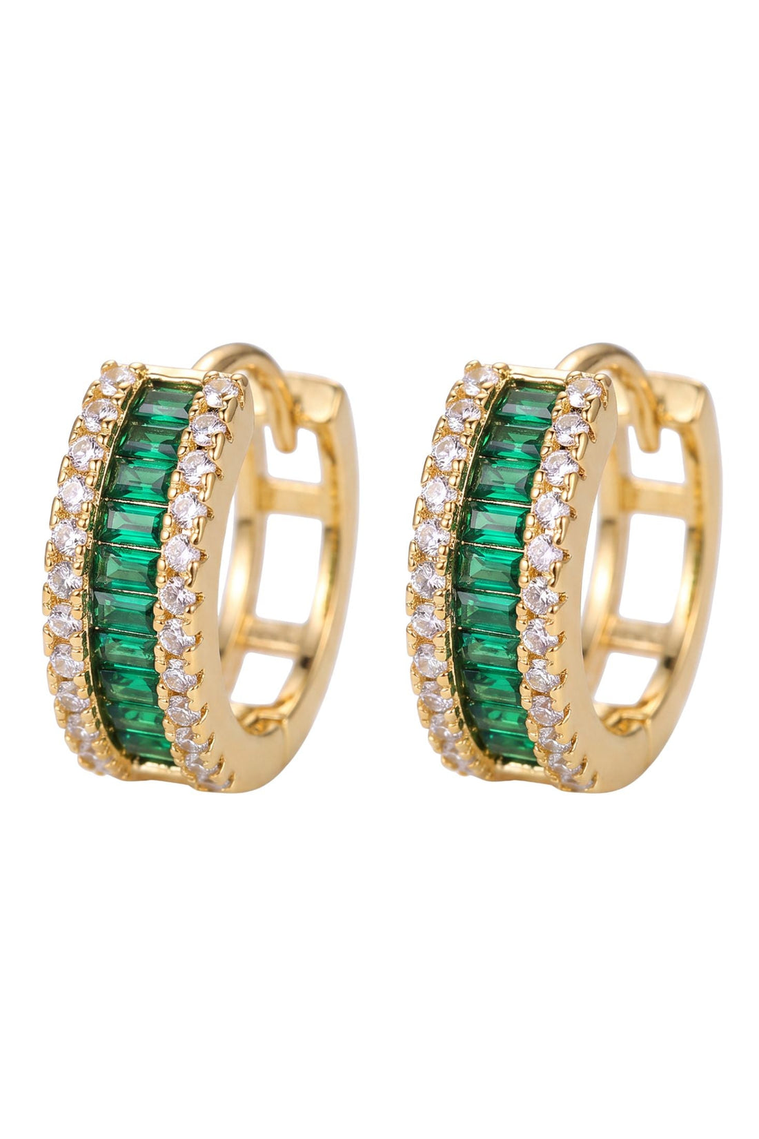 Baguette Huggie Hoop Earrings Emerald Green Gold-0