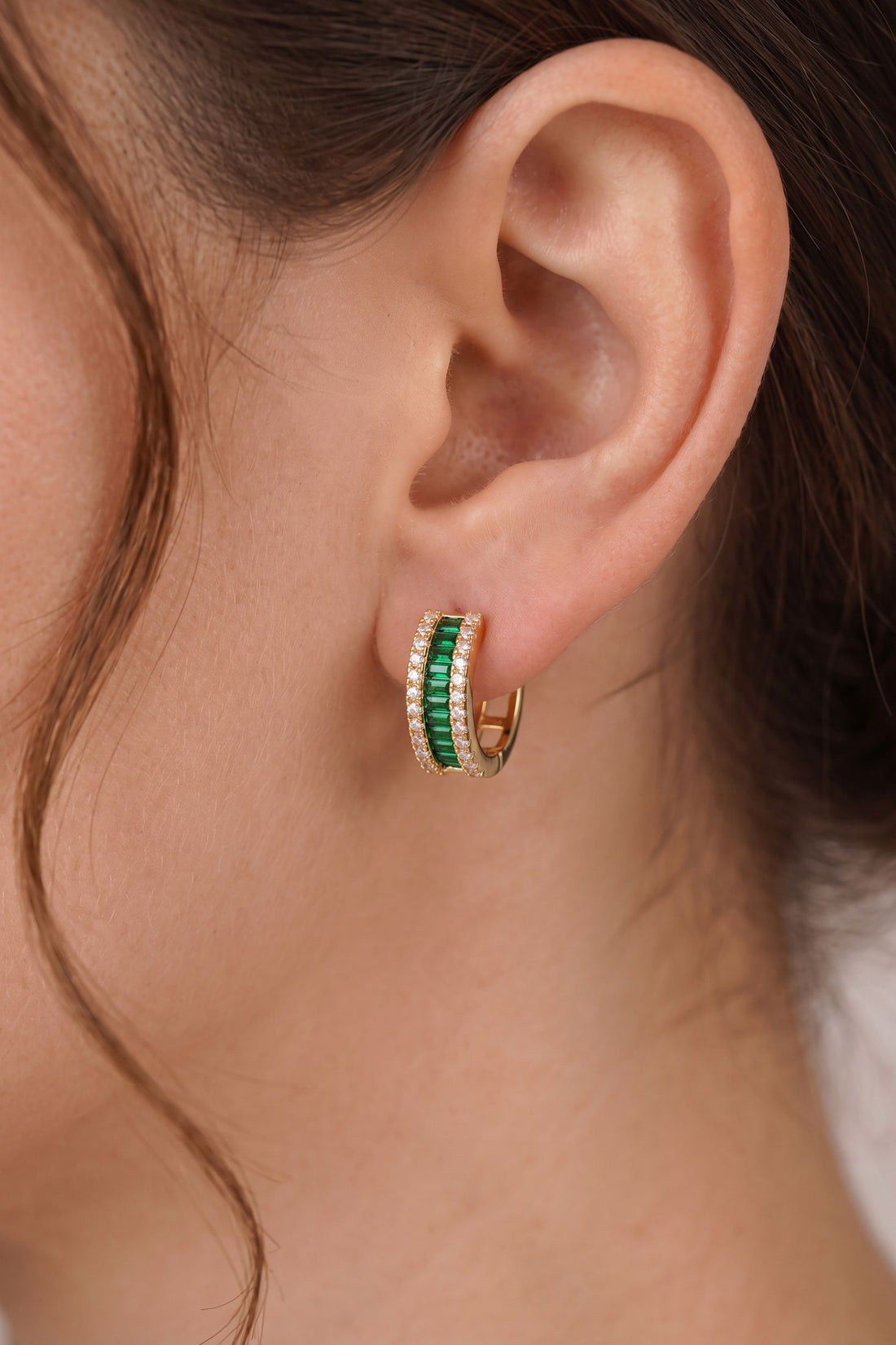 Baguette Huggie Hoop Earrings Emerald Green Gold-1