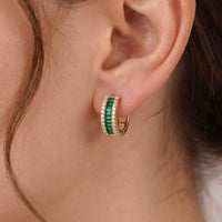 Baguette Huggie Hoop Earrings Emerald Green Gold-1