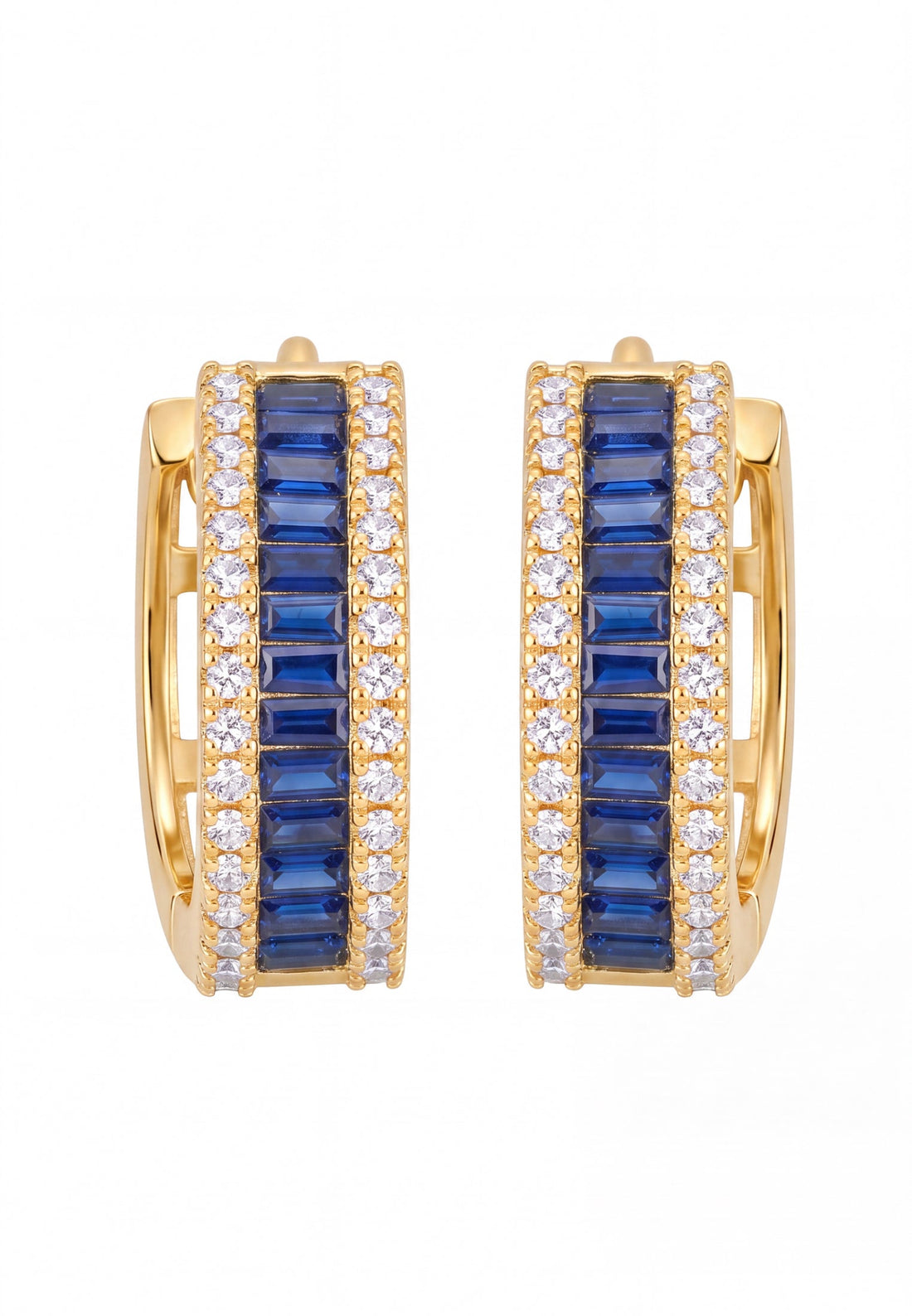 Gold huggie hoop earrings with sapphire blue baguette stones and clear pavé accents