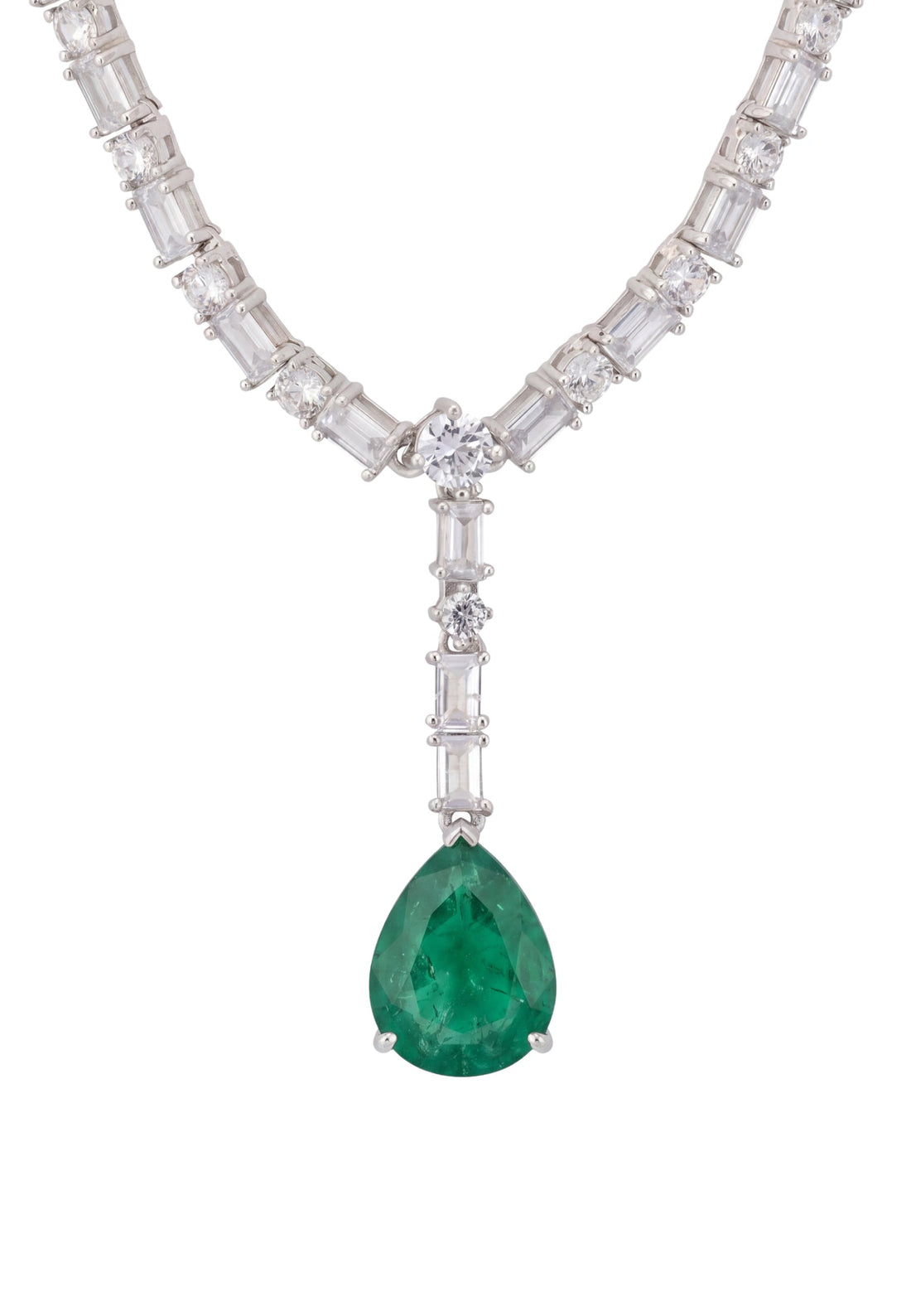 Sterling silver necklace with emerald teardrop pendant and faceted crystal link stations