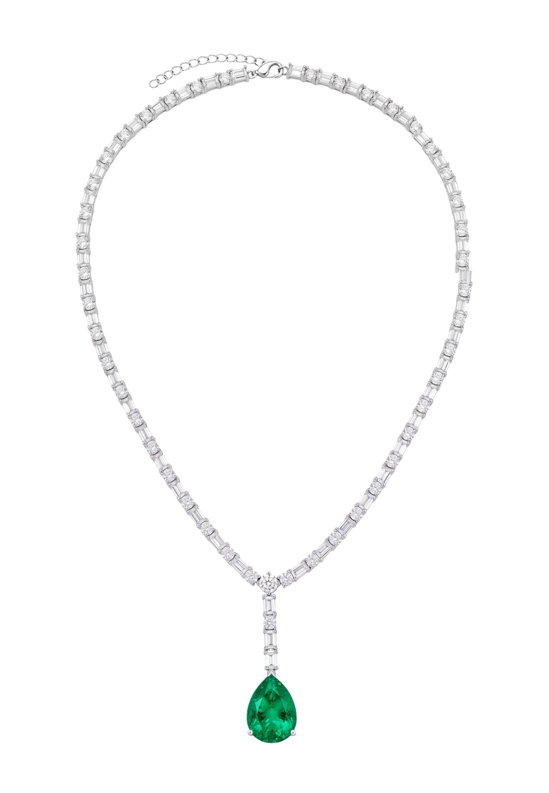 Sterling silver necklace with faceted emerald teardrop pendant and crystal link chain