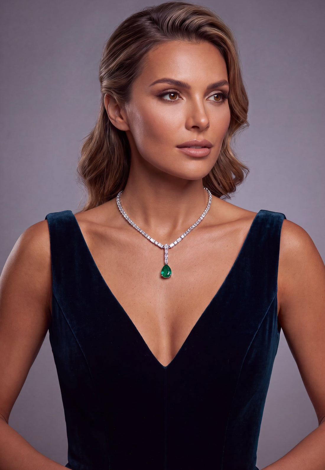 Sterling silver emerald teardrop pendant necklace with crystal tennis-style link chain