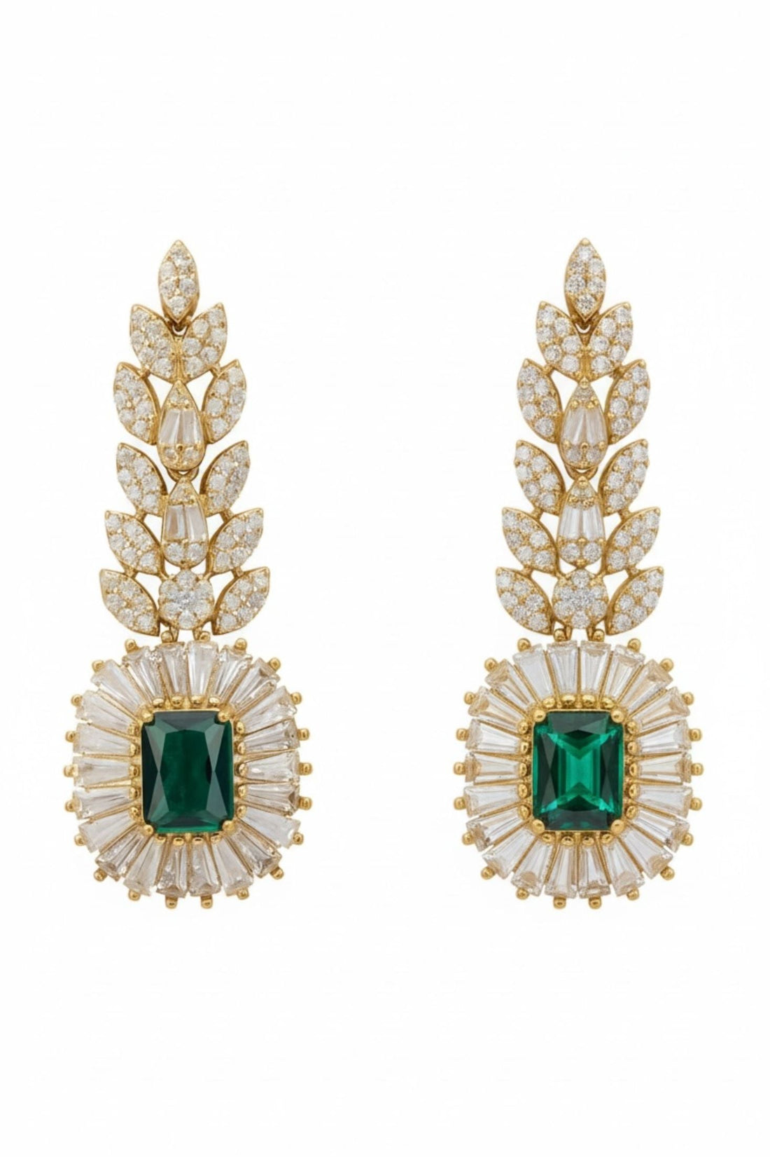 Gold gemstone drop earrings with emerald green center stones and crystal leaf details