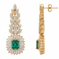 Gemstone drop earrings with emerald center, white stones, and gold leaf design