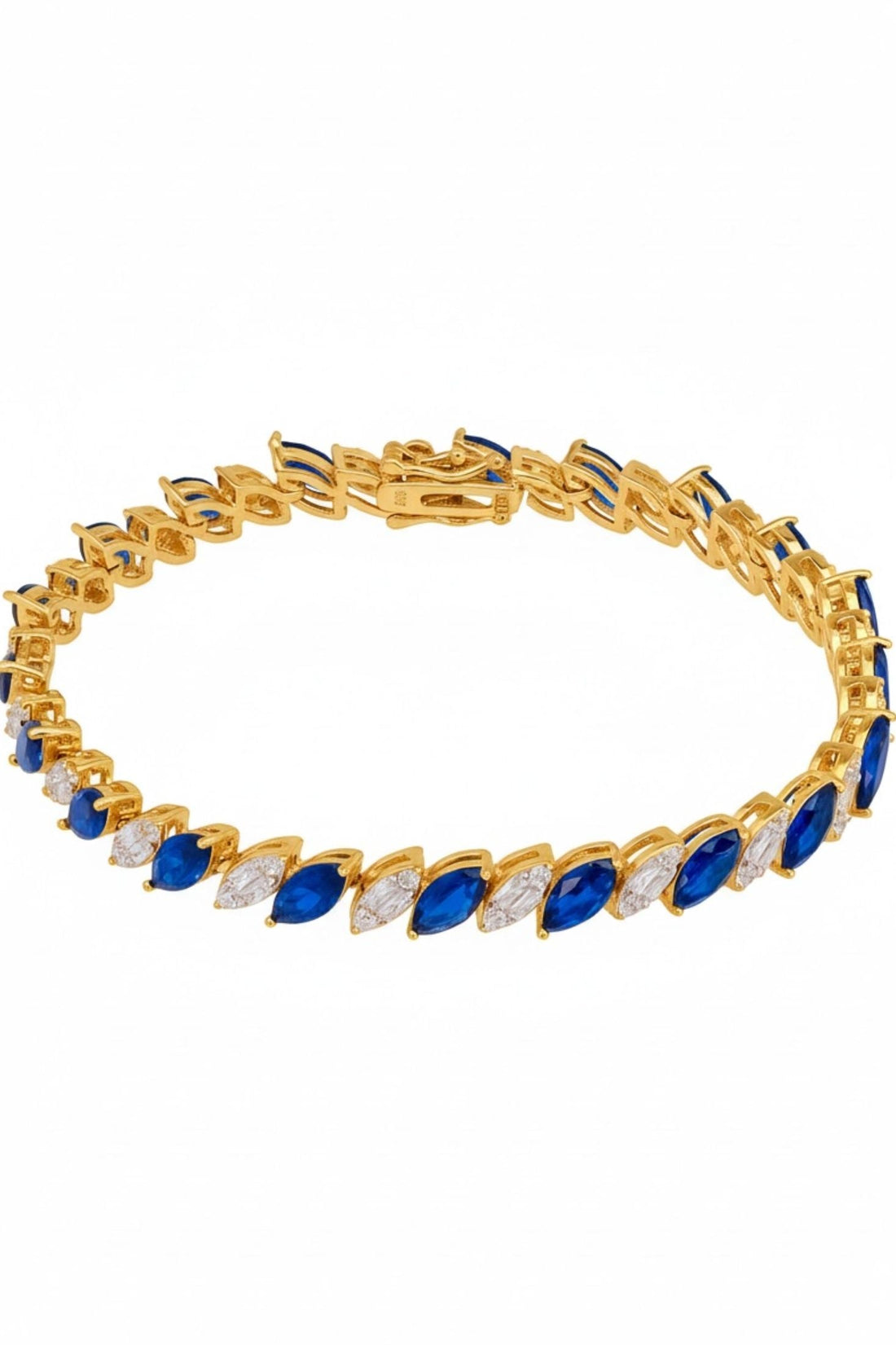 Gold tennis bracelet with oval blue gemstones in linked settings