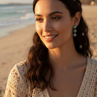 Turquoise flower drop earrings with crystal centers on gold-tone, side view