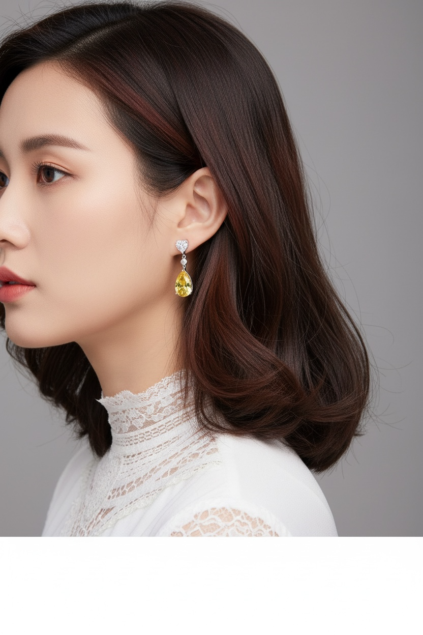 Small dangle earrings with yellow teardrop stones and clear top accents, gold tone