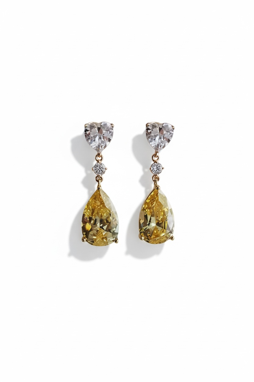 Gold teardrop earrings with yellow topaz and clear stone accents, dangle style
