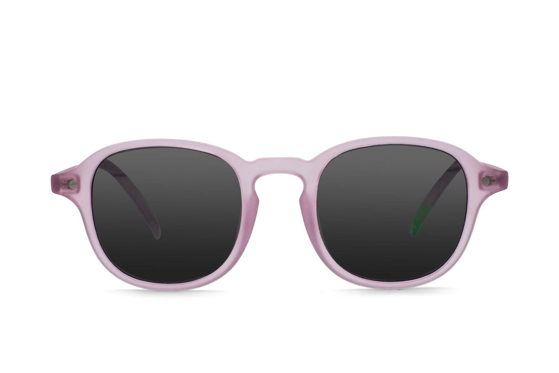 Lavender round sunglasses with dark lenses and slim temples