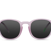 Lavender round sunglasses with dark lenses and slim temples