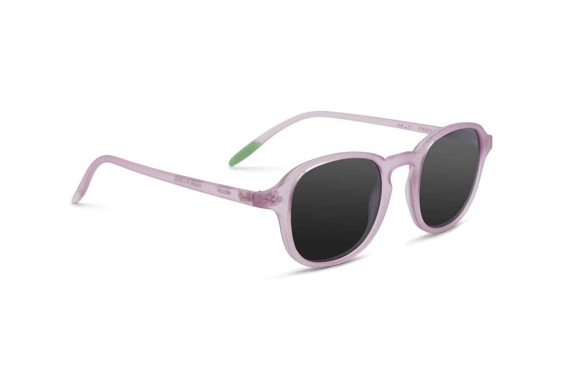 Lavender sunglasses, side view, oval dark lenses and flexible arms